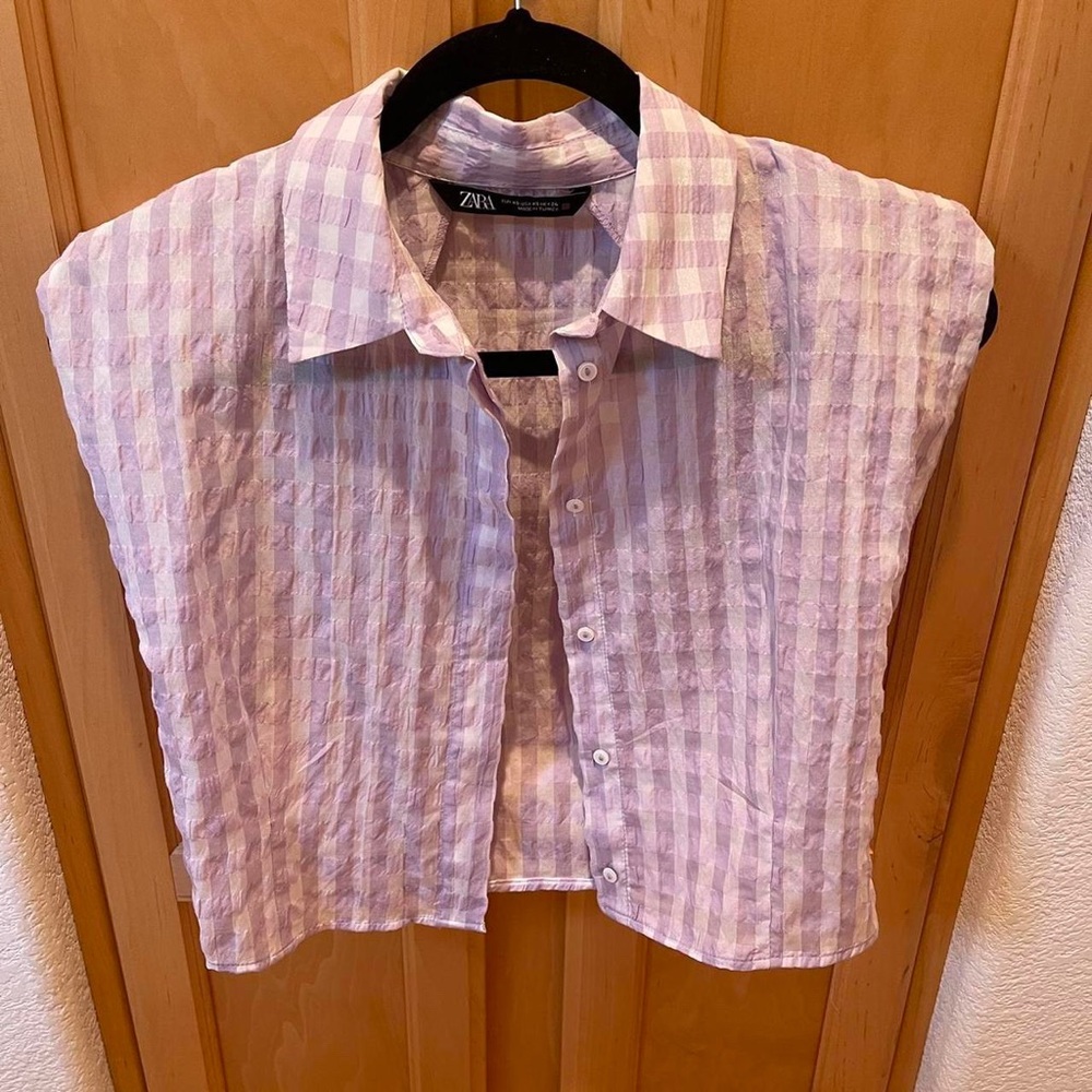 Zara Purple and White Plaid Collared button up Shirt size extra small XS